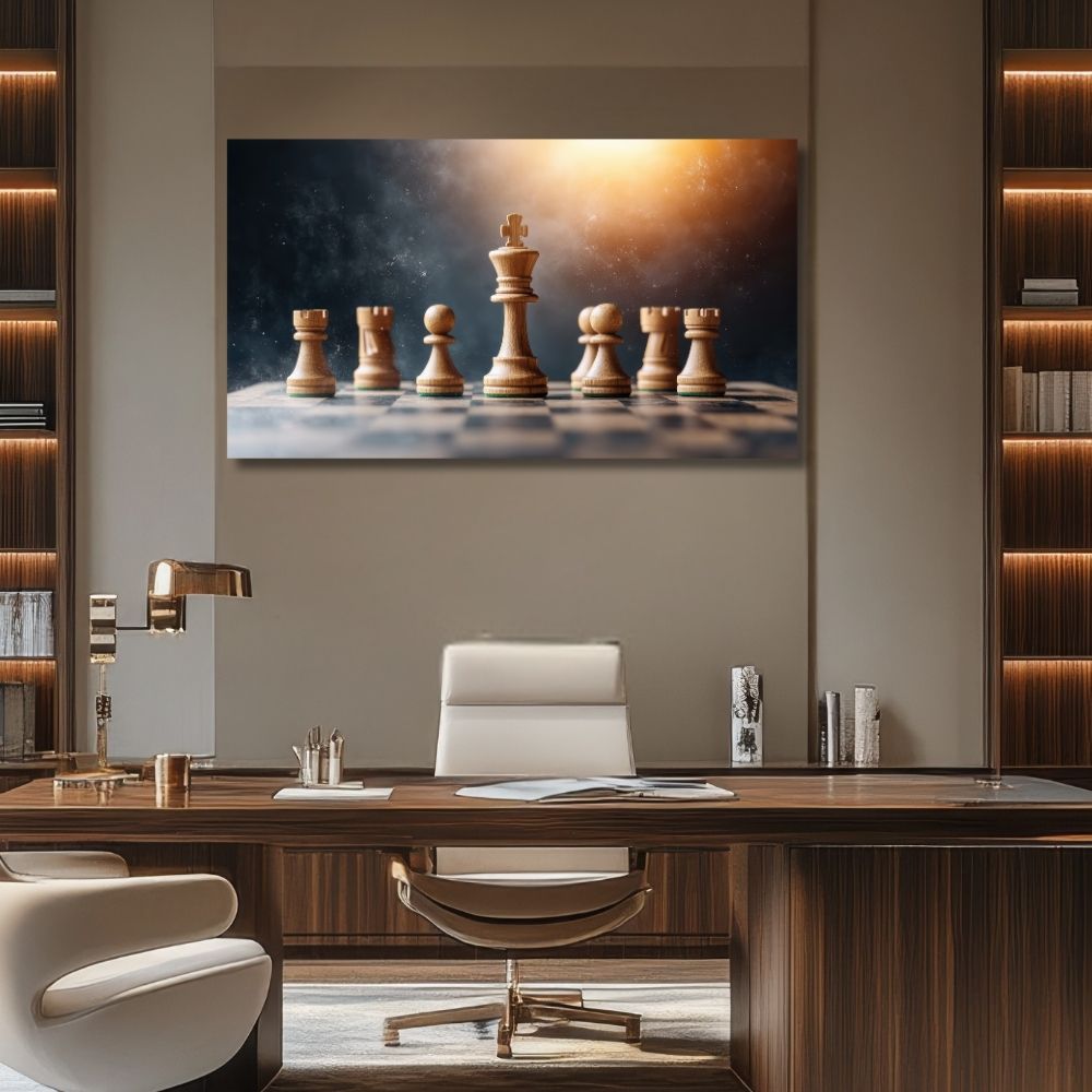 Slika na platnu sa motivom šahovskog kralja pod zlatnom svetlošću, simbol liderstva i strategije.