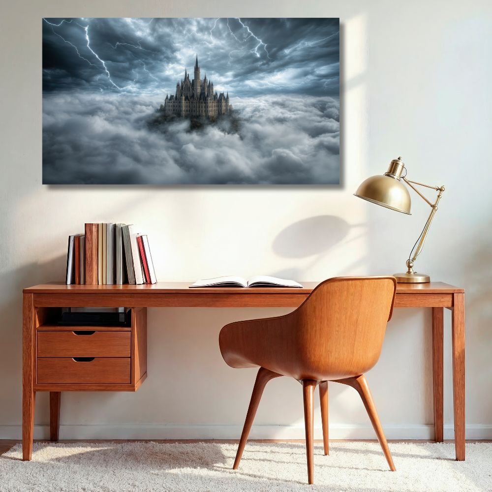 Slika na platnu sa motivom lebdećeg dvorca iznad oblaka pod munjama, stil epske fantastike.