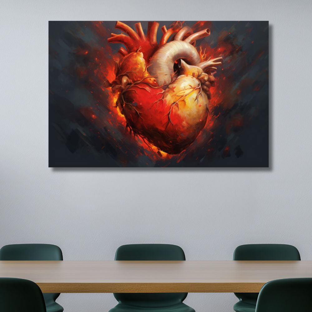 Slika anatomskog srca u vatrenim bojama, topla dekoracija za zid, poklon za kardiologe i jubileje.