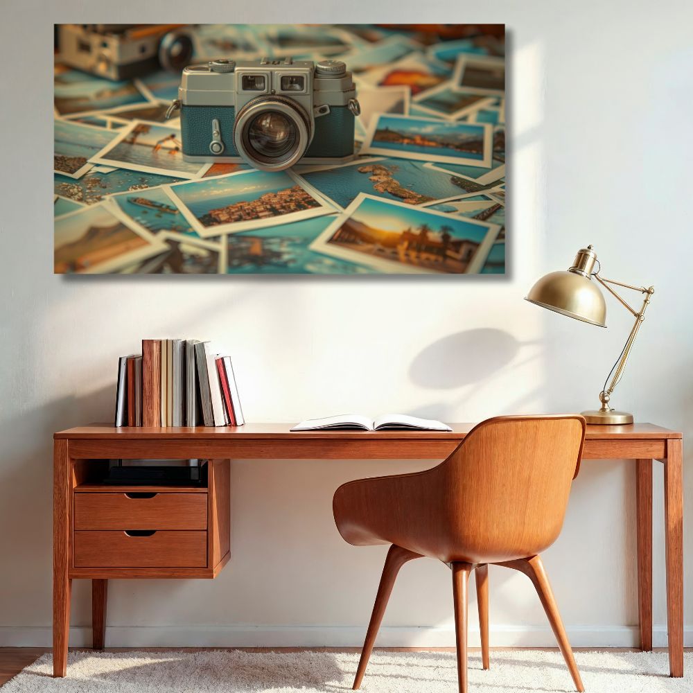 Vodoravna slika retro fotoaparata na gomili razvijenih fotografija sa putovanja, idealna za dekoraciju turističkih agencija i radnih soba.