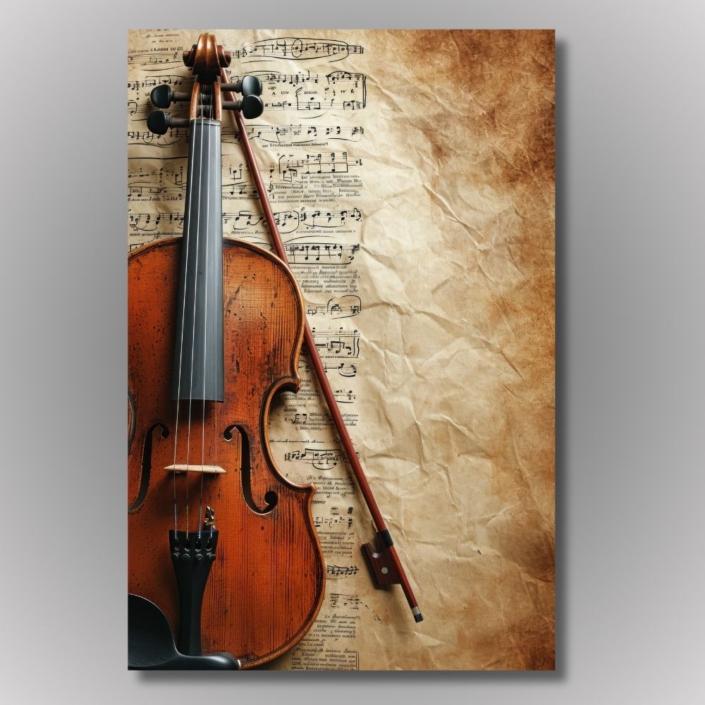 Detaljan prikaz violine položene preko starih naboranih nota, tople braon i zlatne boje, umetnička slika na platnu u vintage stilu.