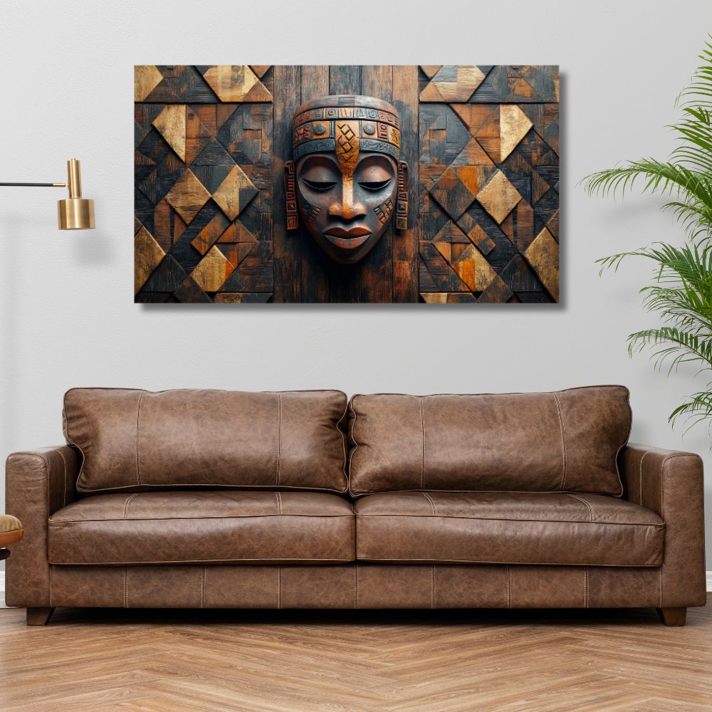 Slika drvene maske sa plemenskim motivima, simbol zaštite i mudrosti, etno dekoracija za zid.