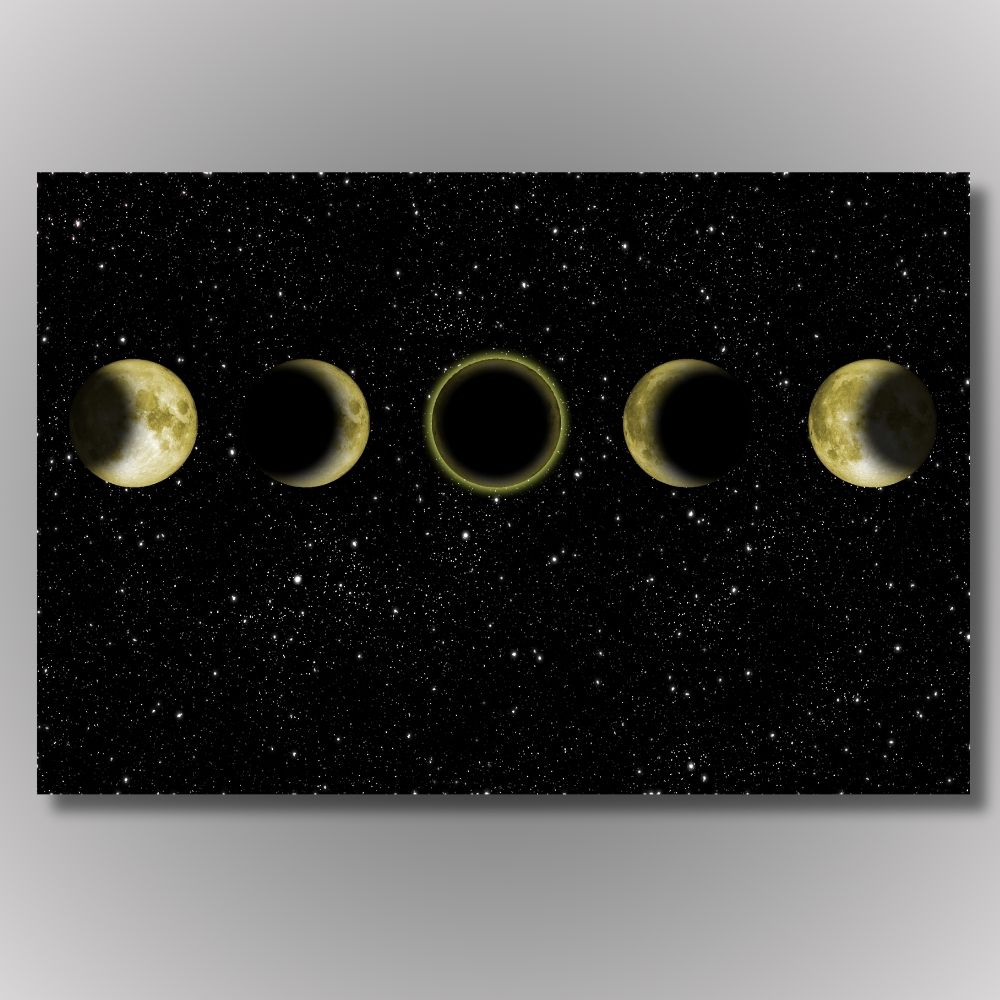 Slika faza pomračenja Meseca na crnoj pozadini prepunoj zvezda, zlatni i tamni tonovi.