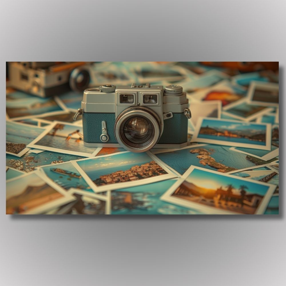 Vodoravna slika retro fotoaparata na gomili razvijenih fotografija sa putovanja, idealna za dekoraciju turističkih agencija i radnih soba.