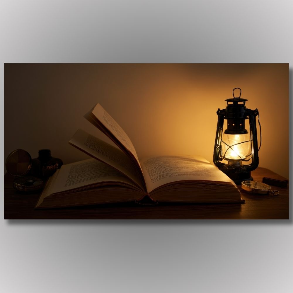 Slika otvorene knjige obasjane fenjerom na drvenom stolu, klasičan stil dekoracije za biblioteke i domove.