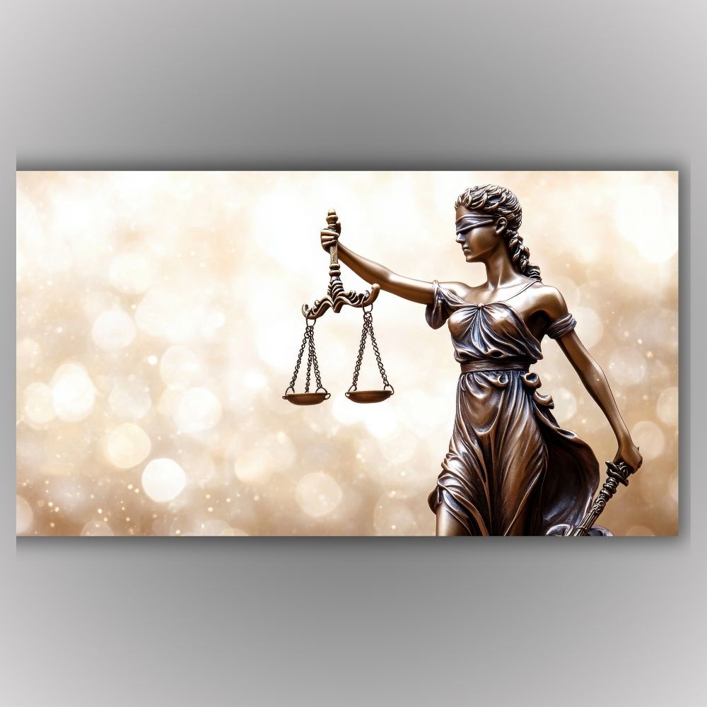umetnička slika na platnu boginja pravde Temida sa vagom i mačem na zlatnoj blistavoj pozadini