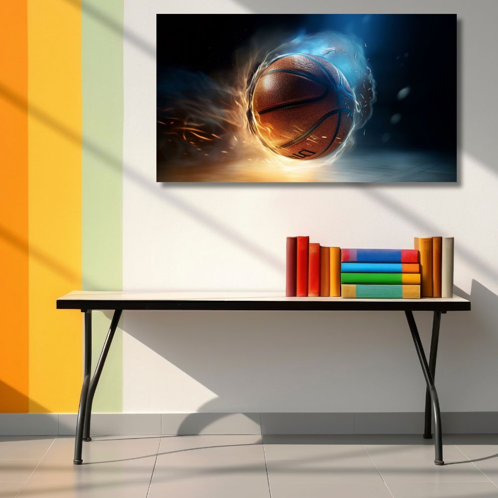 Slika košarkaške lopte u pokretu sa efektima vatre i plave svetlosti na tamnoj pozadini, idealna za sportske kabinete.